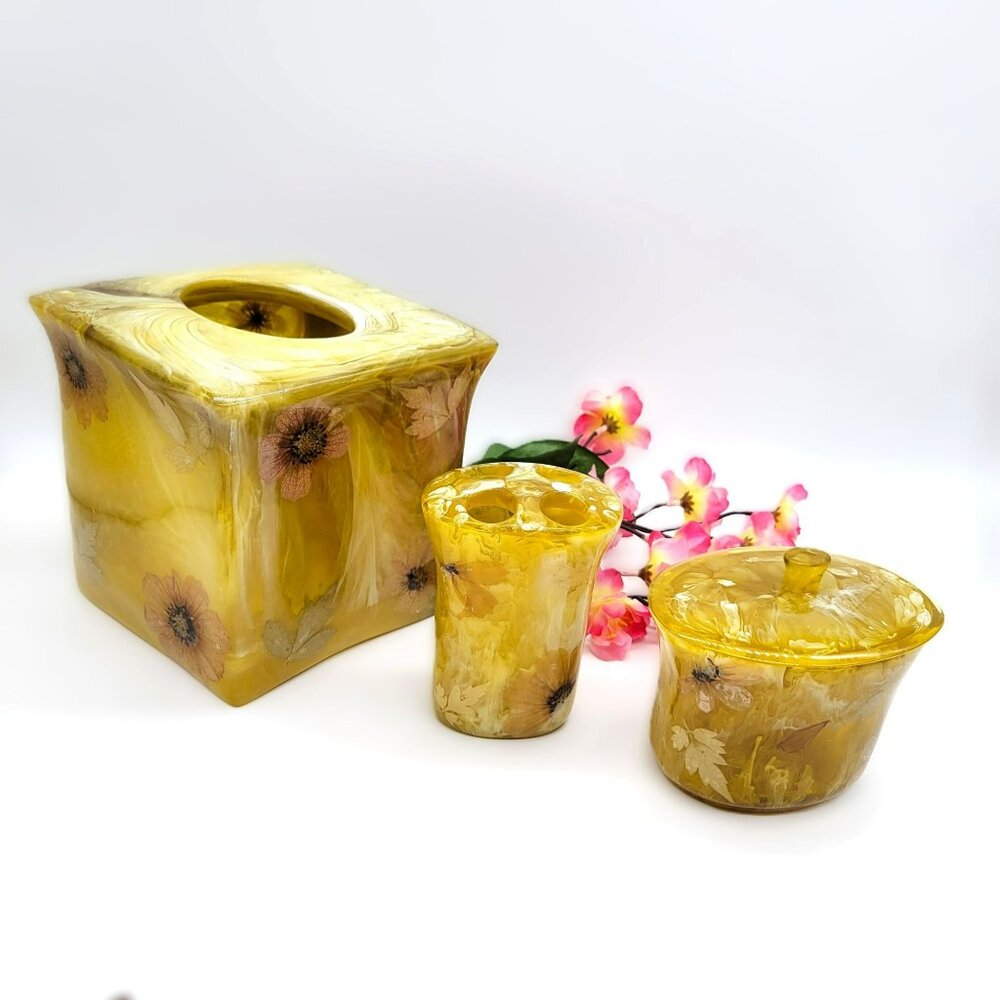 3 Pc Bathroom Set Tissue Box Toothbrush Holder Canister Pressed Flowers Acrylic